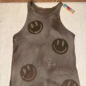 Brown Acid Washed Tank with Happy Faces